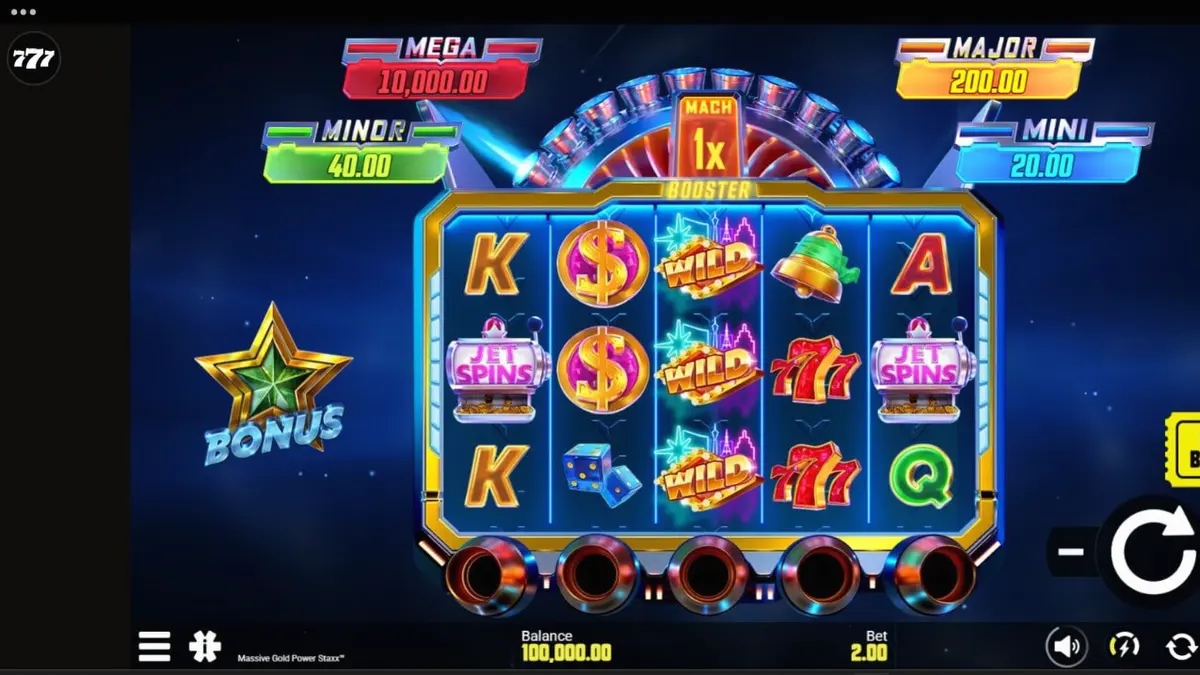 Tampilan visual futuristik slot Massive Gold Power Staxx dengan tema ruang angkasa dan simbol emas.